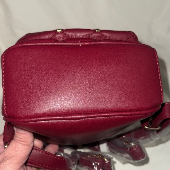 Badgley Mischka Burgundy Quilted Mini Backpack with Gold Accents - Picture 7 of 12
